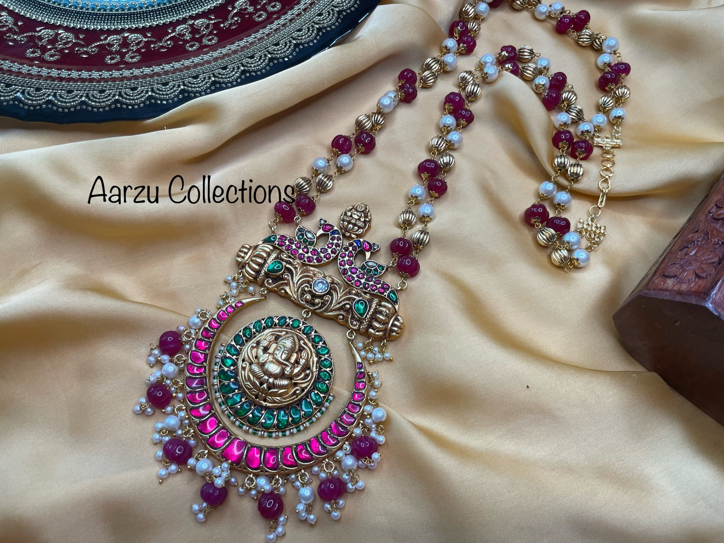Kundan Jadau long statement temple mala -Ruby