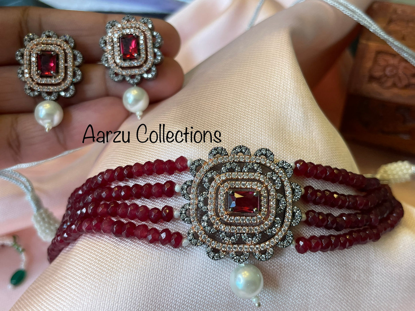 Checkered cut American Diamond Choker Set