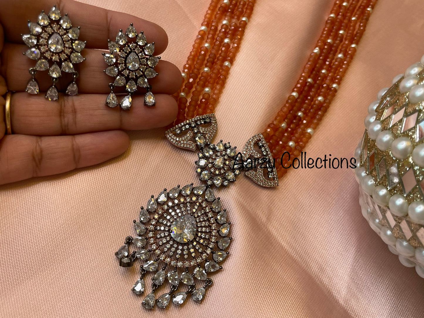 American Diamond Mid length Necklace and Earrings Set with Rosewick Finish