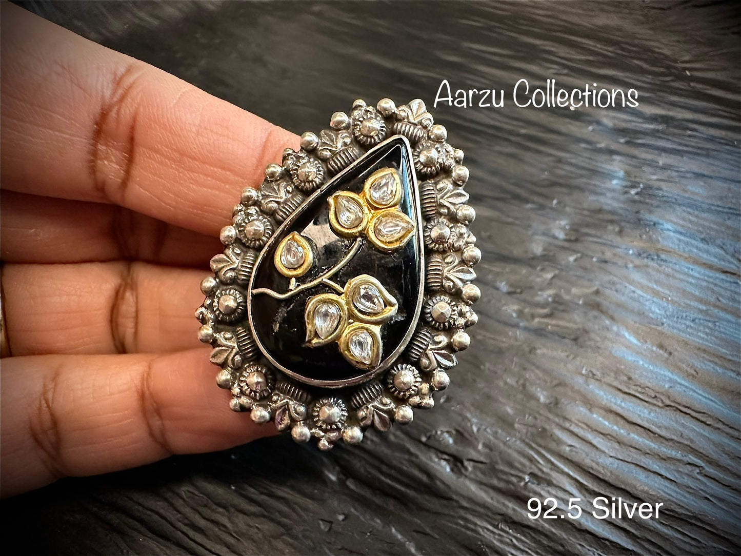 92.5 Silver Black Onyx fusion Ring -adjustable size