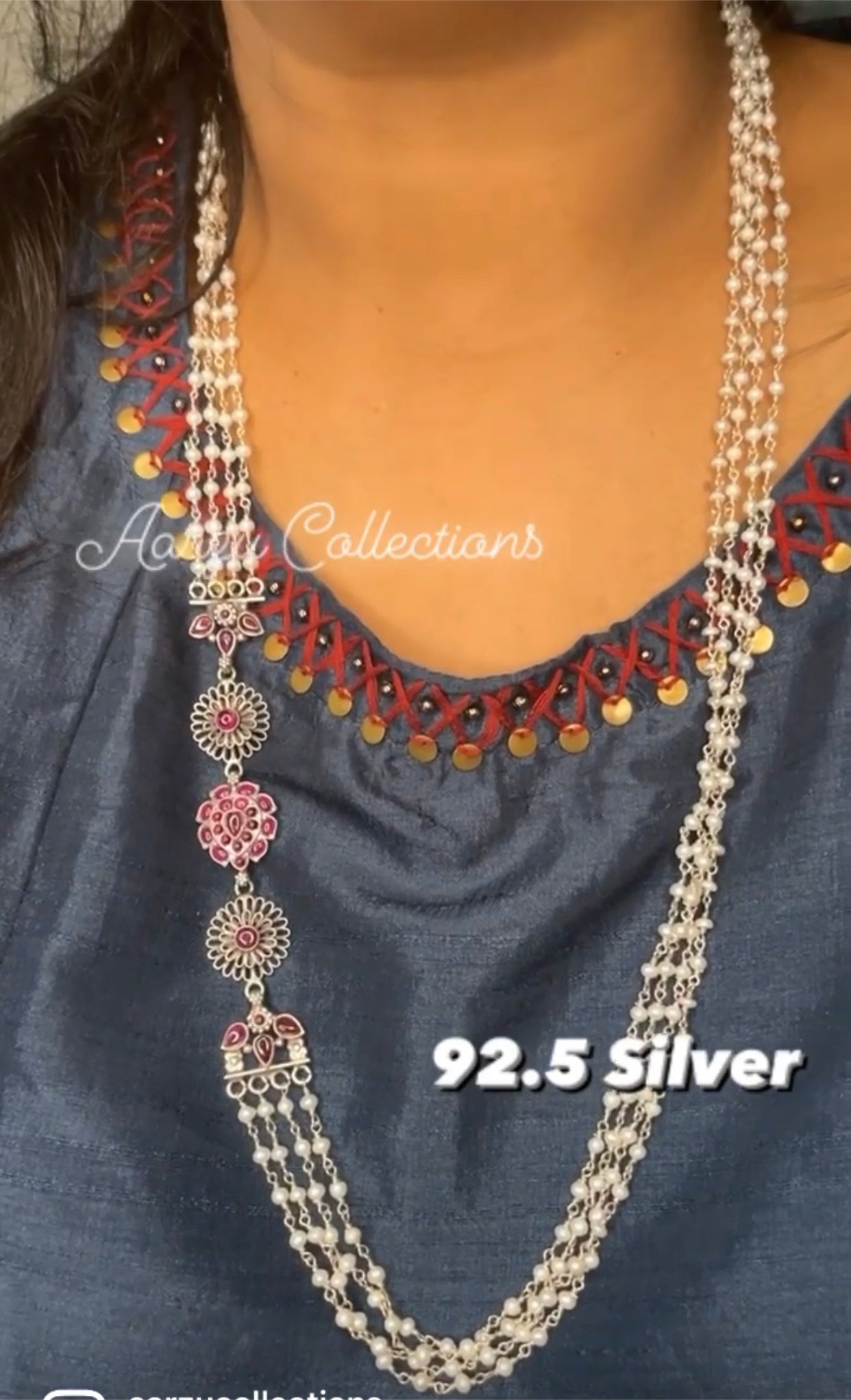 92.5 Silver Pearl Necklace - Temple collection