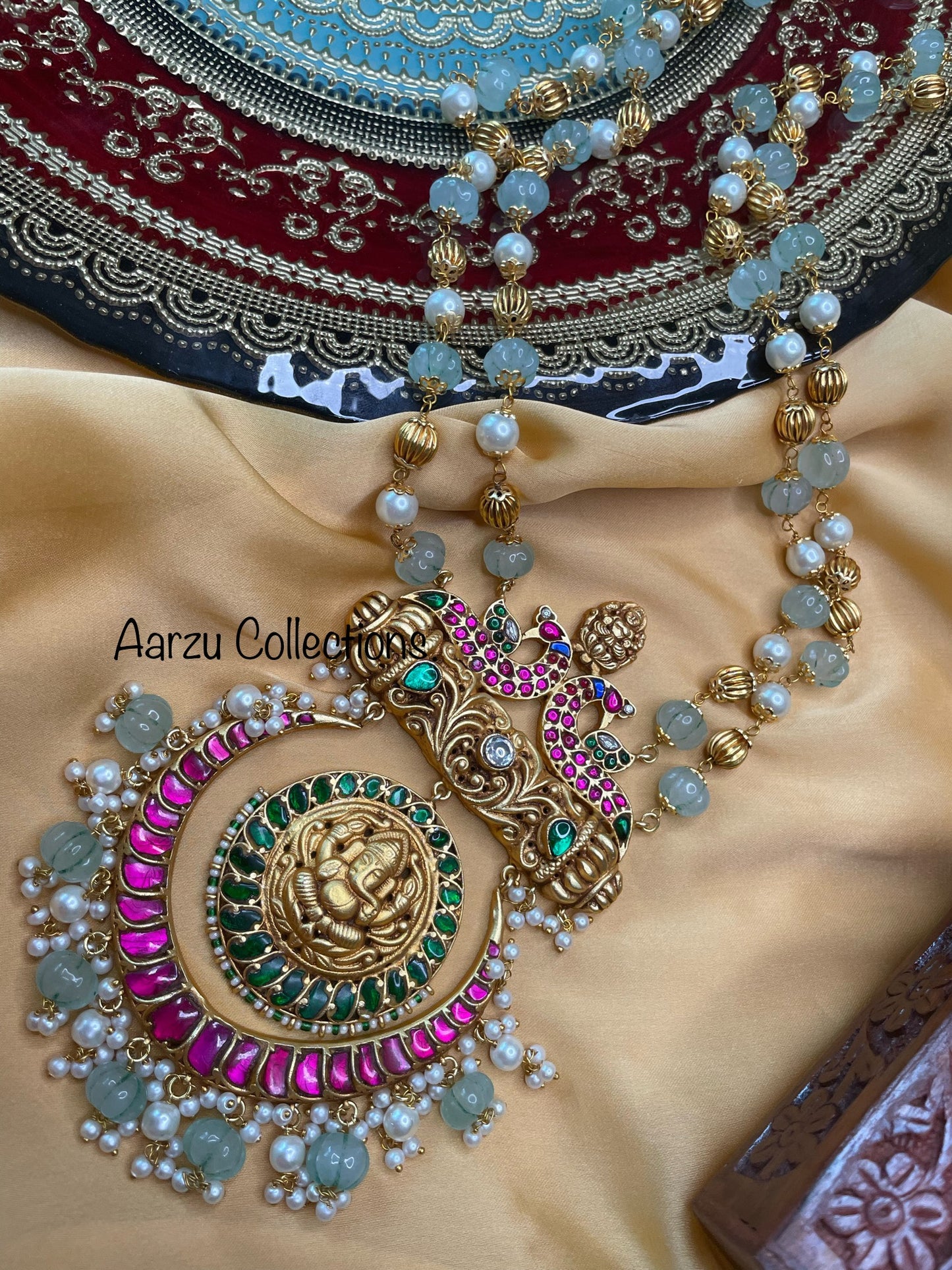Kundan Jadau long statement temple mala - mint