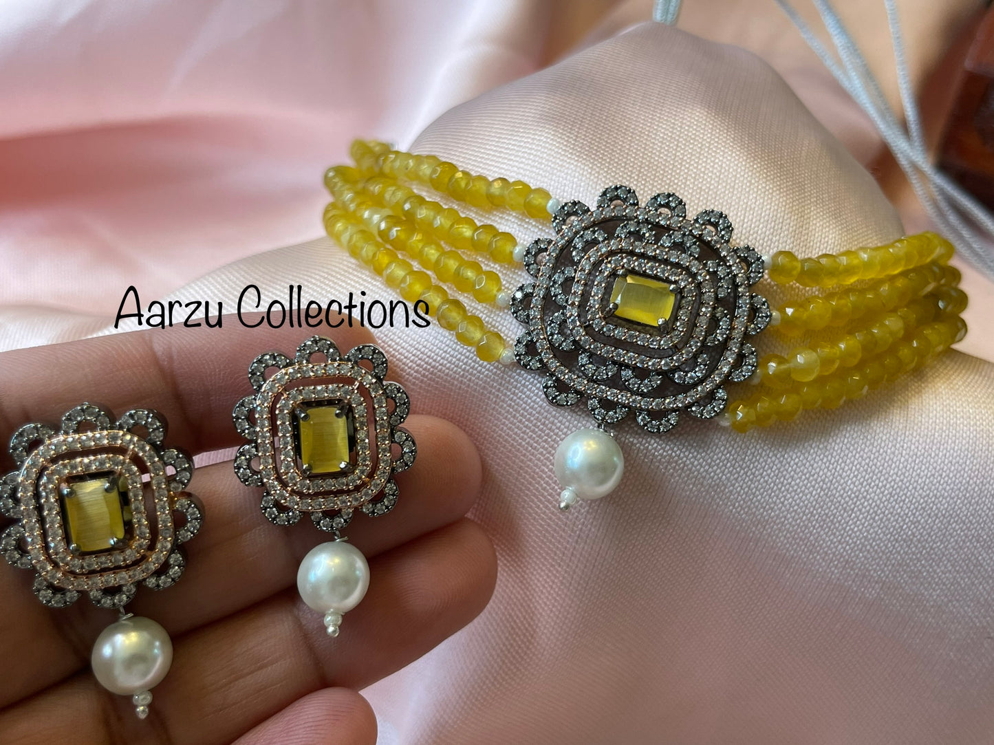 Checkered cut American Diamond Choker Set
