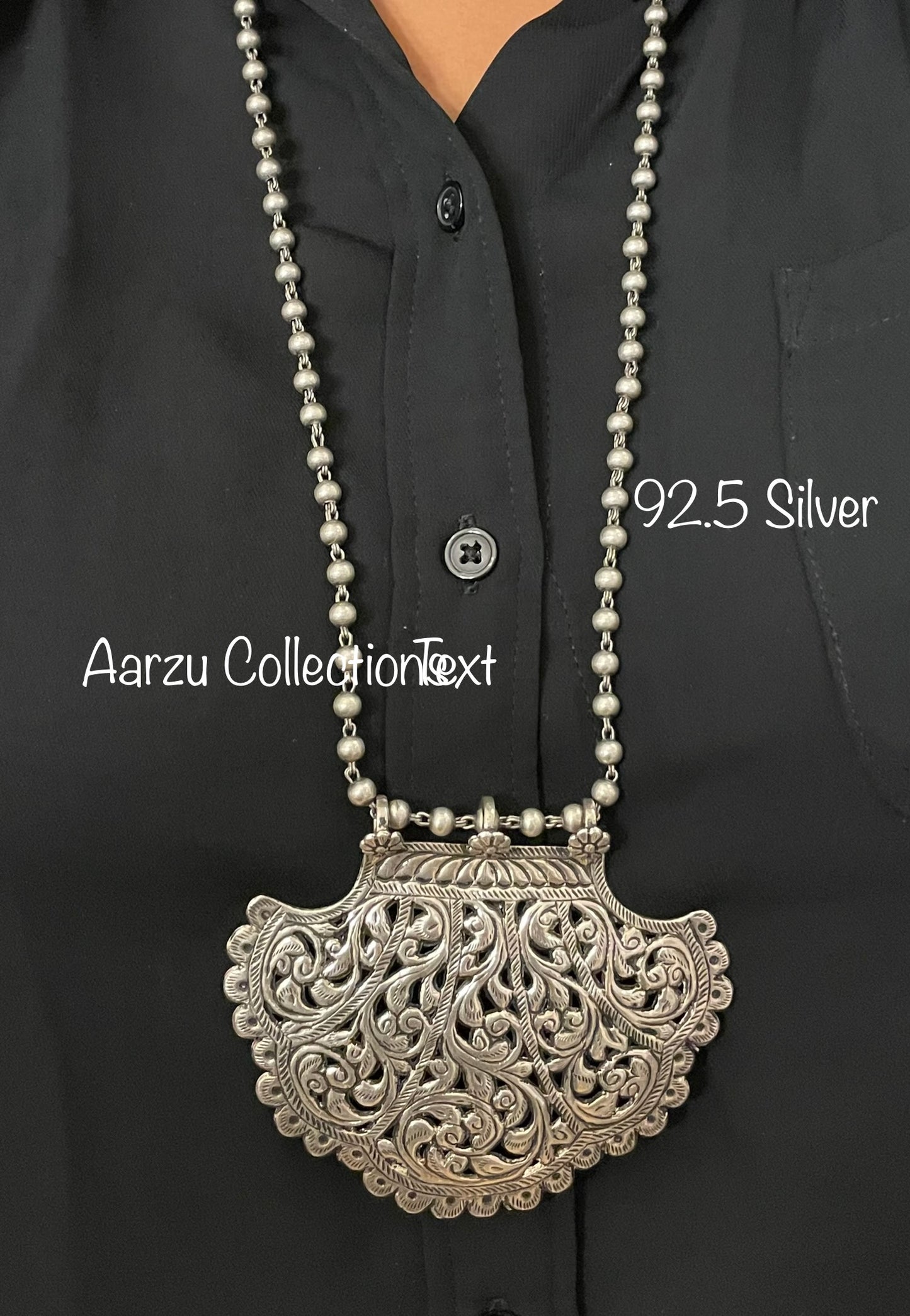 92.5 Silver mala with statement pendant - 70 gms
