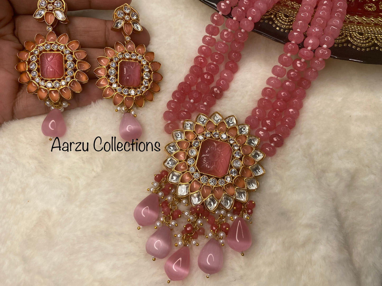 Marudhara Polki Kundan Mala with real glass beads and Carved Stone with Earrings