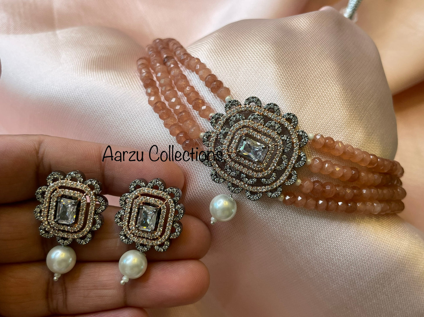 Checkered cut American Diamond Choker Set