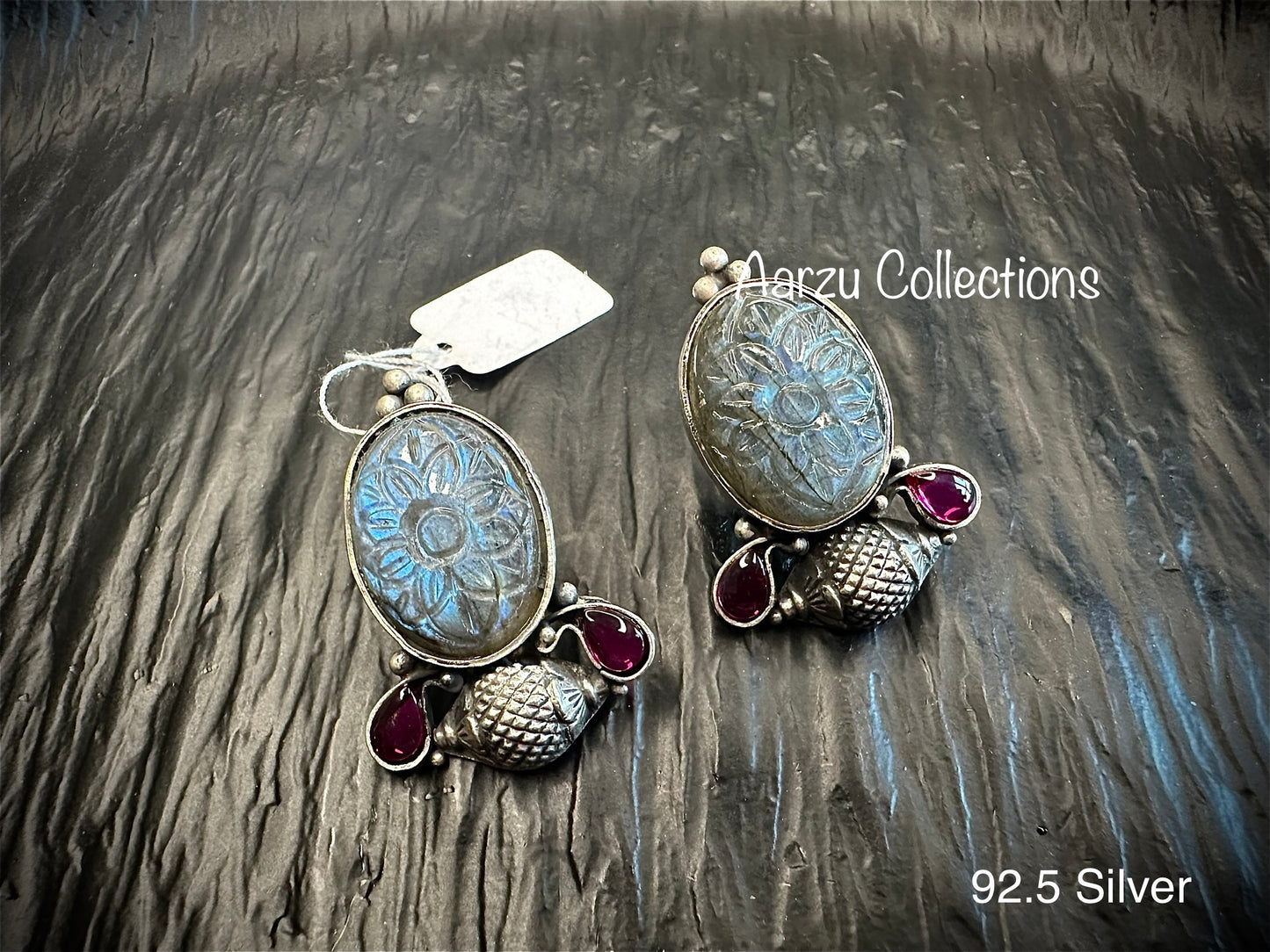 92.5 Silver Earrings with Labradorite Carved Stone- 18 gms