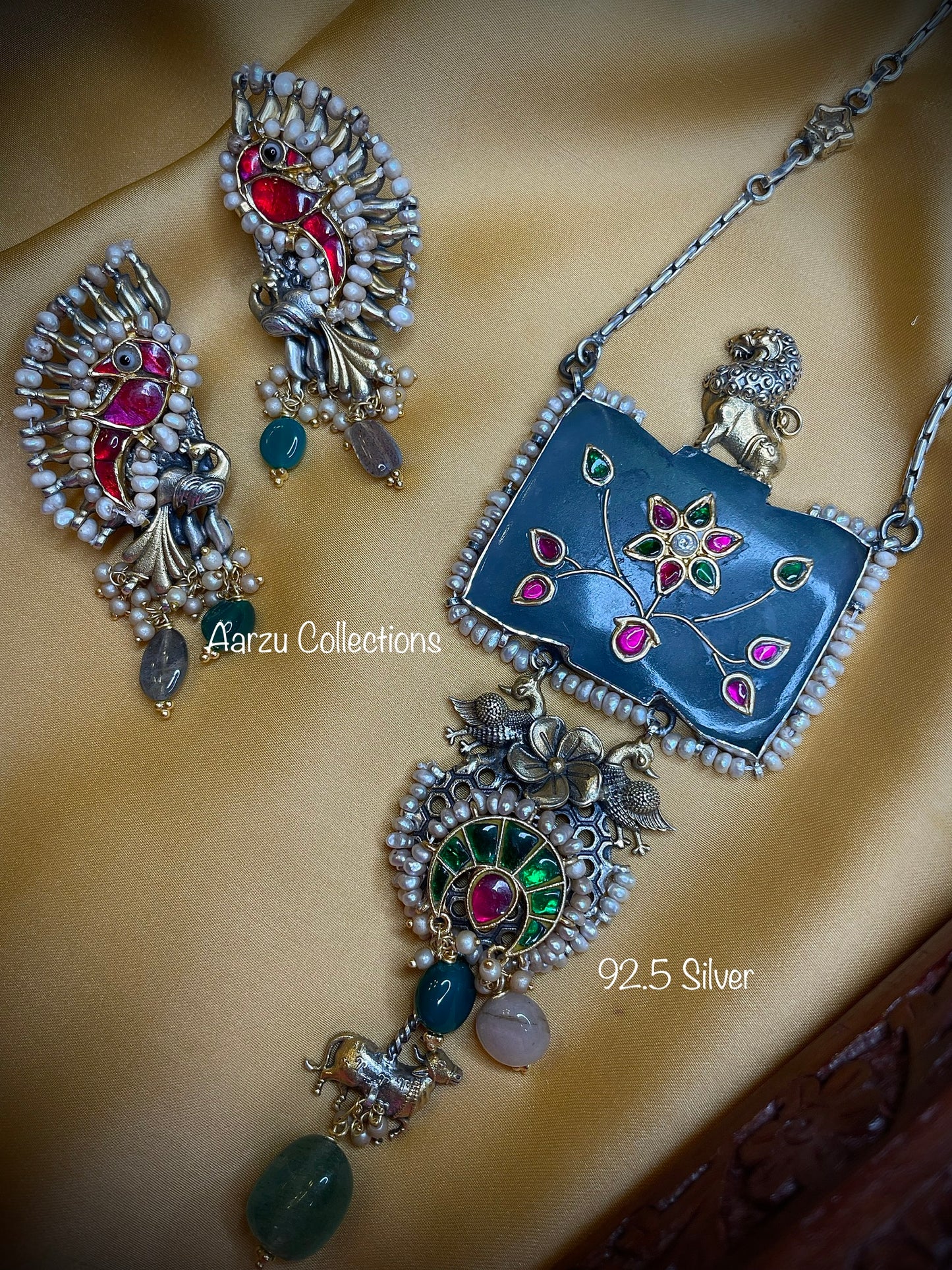 92.5 Silver Dual tone fusion necklace with earrings - 130 gms