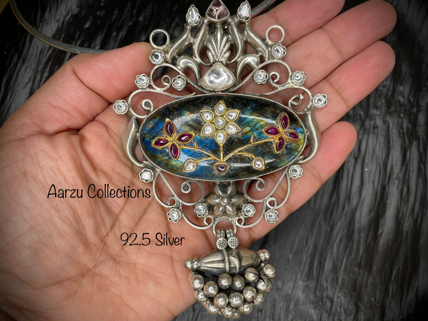 92.5 Silver Fusion collection stone inlay labradorite pendant - 77 gms