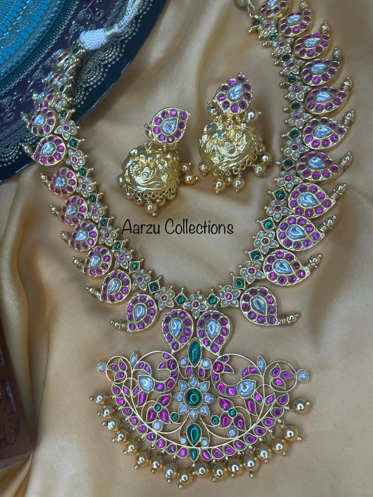 Kundan Jadau mid length Mango Mala Set with Jhumkas