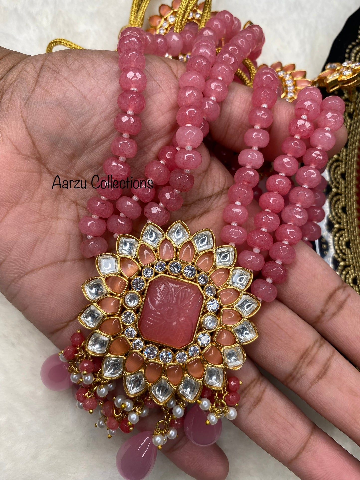 Marudhara Polki Kundan Mala with real glass beads and Carved Stone with Earrings