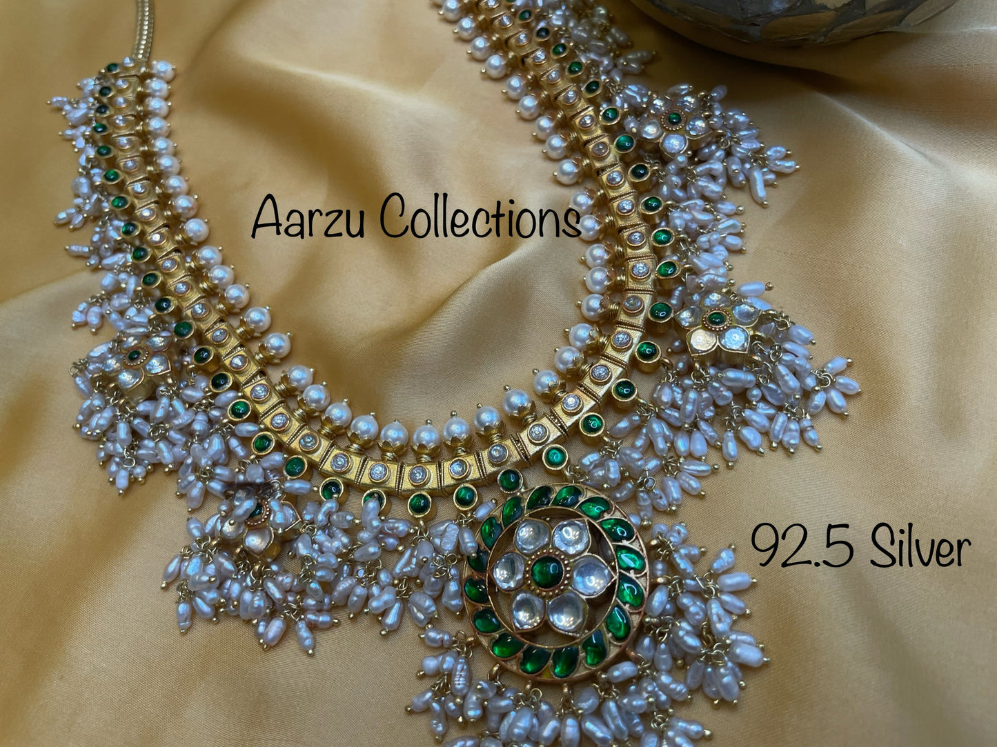 92.5 Silver base Kundan Jadau guttapusalu Mid Length Necklace - 170 gms
