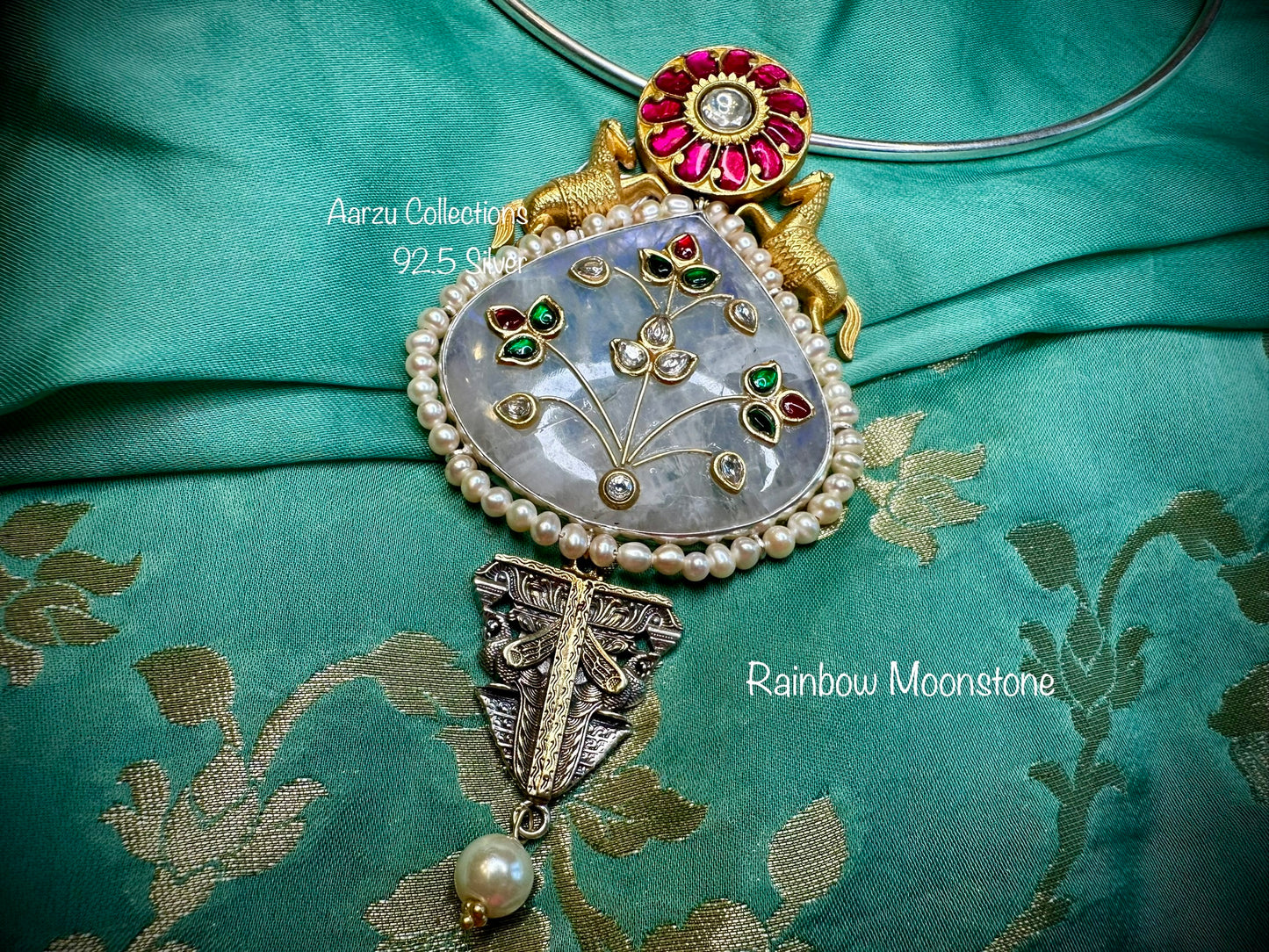 92.5 Silver designer inspired Pendant with Rainbow moonstone precious stone inlay