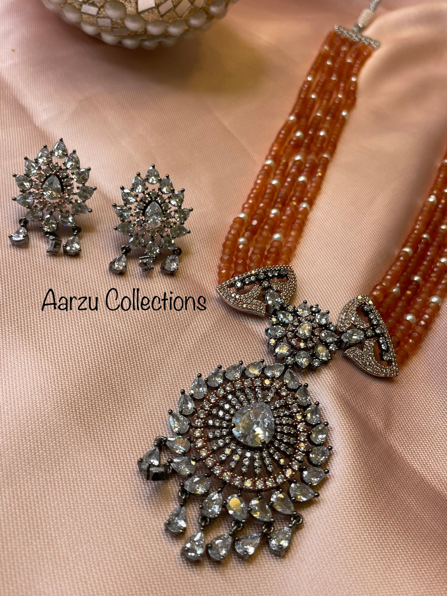 American Diamond Mid length Necklace and Earrings Set with Rosewick Finish