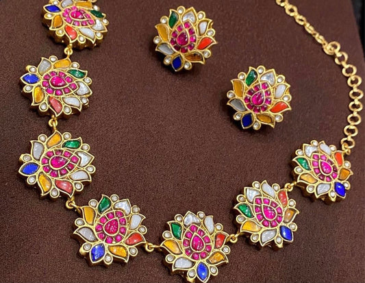 Kundan Jadau Navratan lotus necklace with earrings