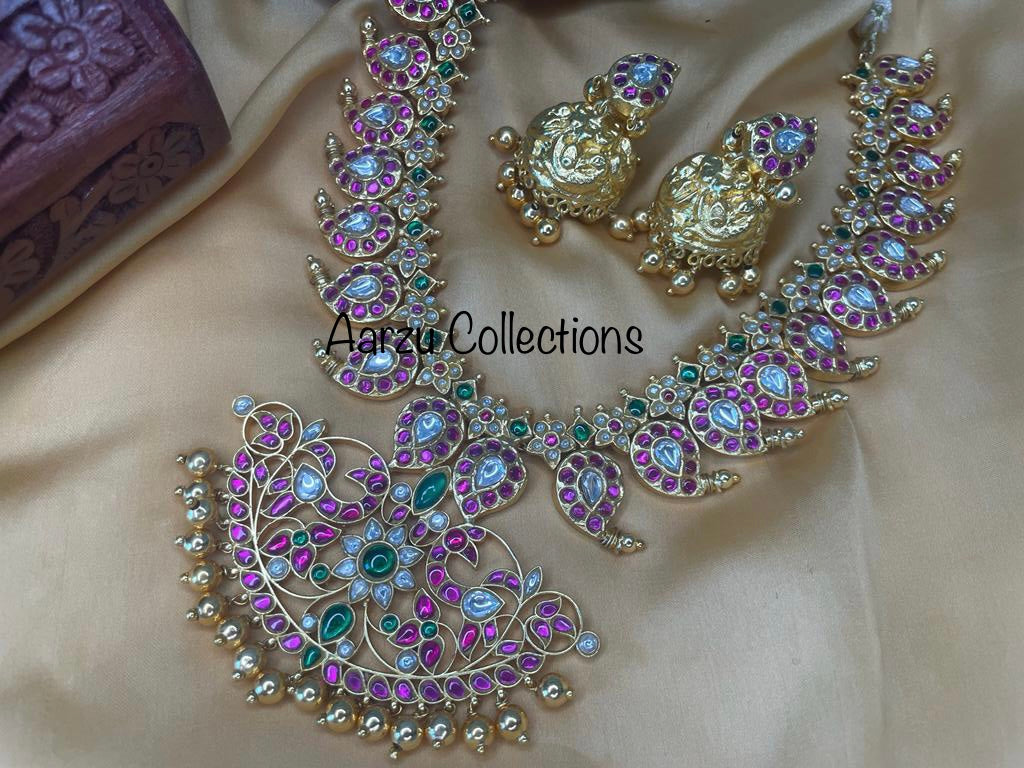 Kundan Jadau mid length Mango Mala Set with Jhumkas