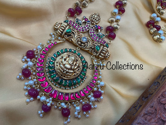 Kundan Jadau long statement temple mala -Ruby