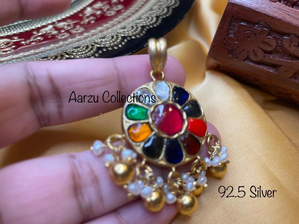 92.5 Silver base Kundan Jadau navratan pendant - 18 gms