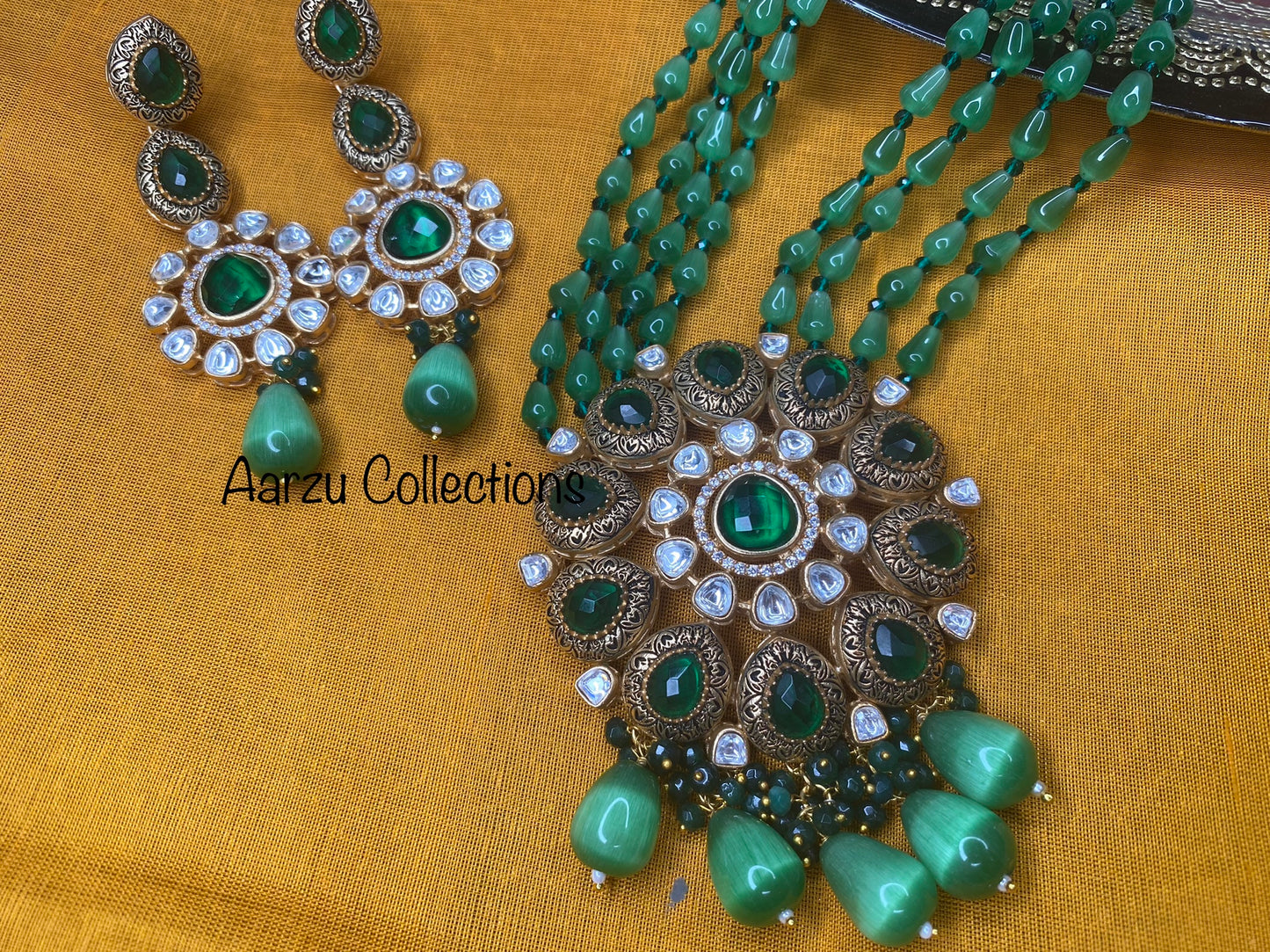 Marudhara Polki Kundan with Real Glass Beads Mala with Earrings