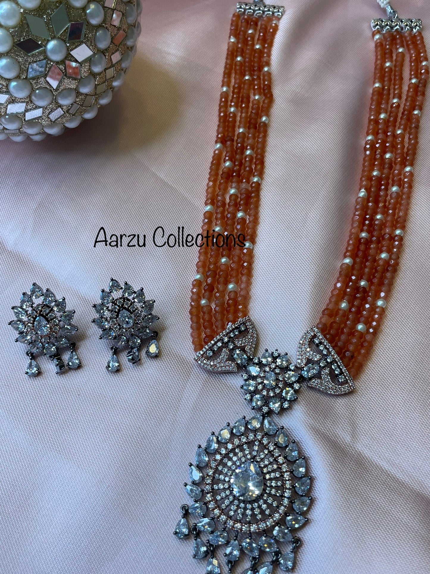 American Diamond Mid length Necklace and Earrings Set with Rosewick Finish