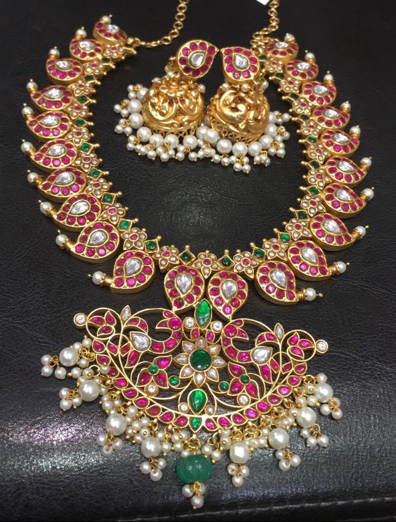 Kundan Jadau mid length Mango Mala Set with Jhumka