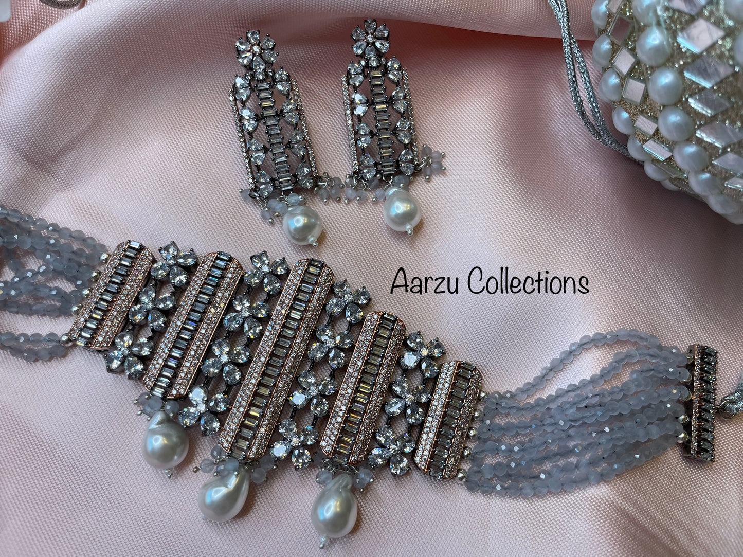 Contemporary American Diamond Choker and Earrings Set with Rosewick Finish