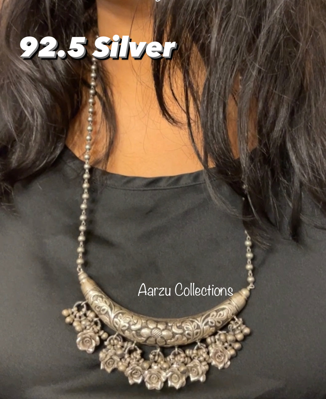 92.5 Silver mala and Hasli  pendant with flowers hanging- 118 gms
