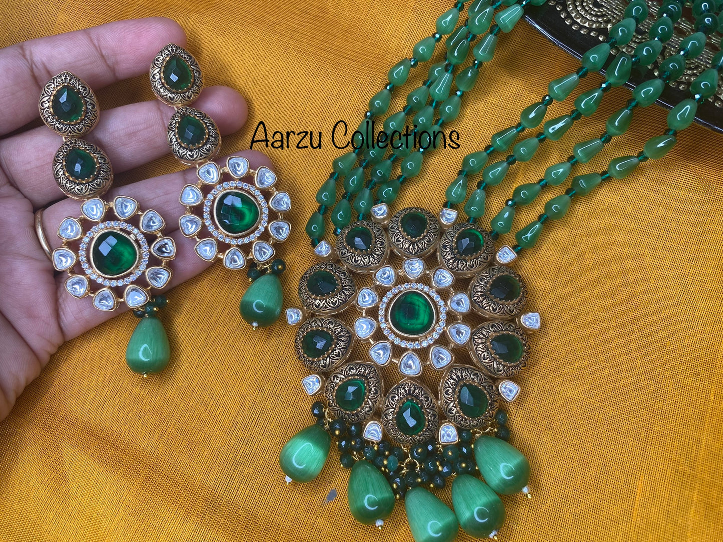 Marudhara Polki Kundan with Real Glass Beads Mala with Earrings