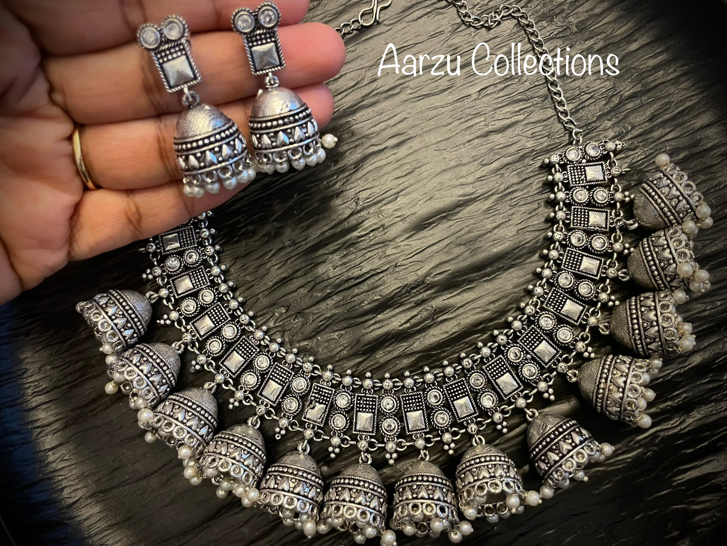 German Silver jhumka Necklace Set