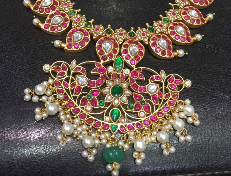 Kundan Jadau mid length Mango Mala Set with Jhumka