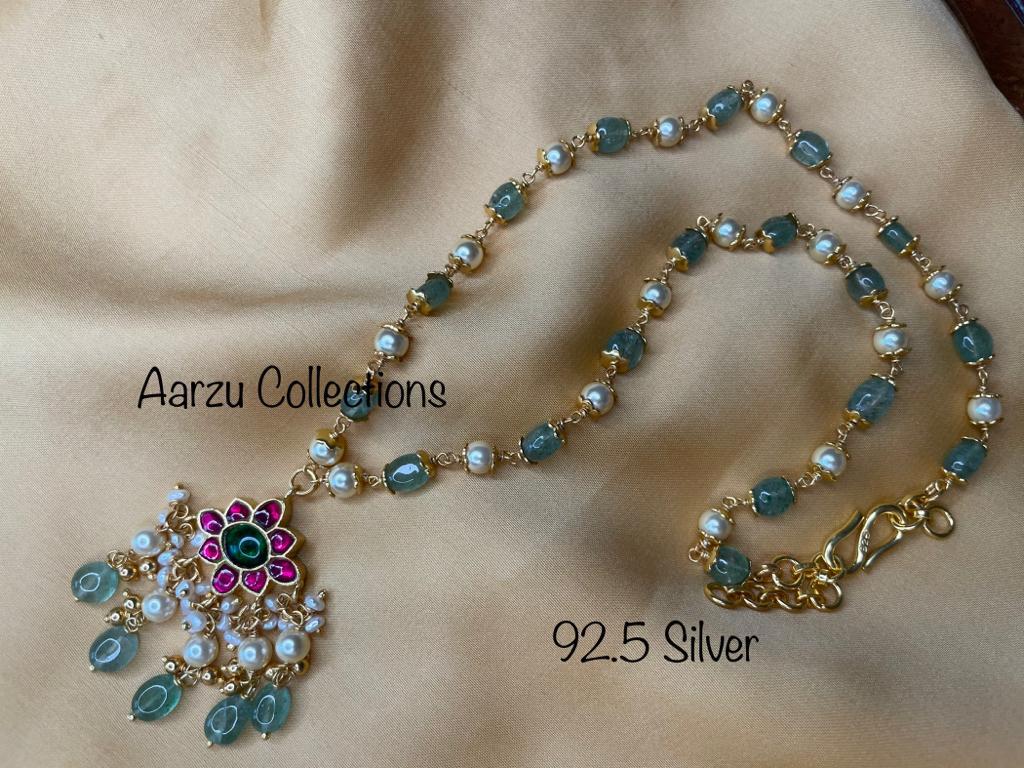 92.5 Silver base Kundan Jadau pearl and green bead necklace with pendant