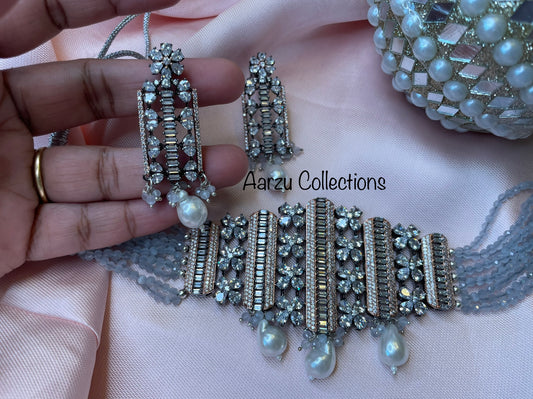 Contemporary American Diamond Choker and Earrings Set with Rosewick Finish