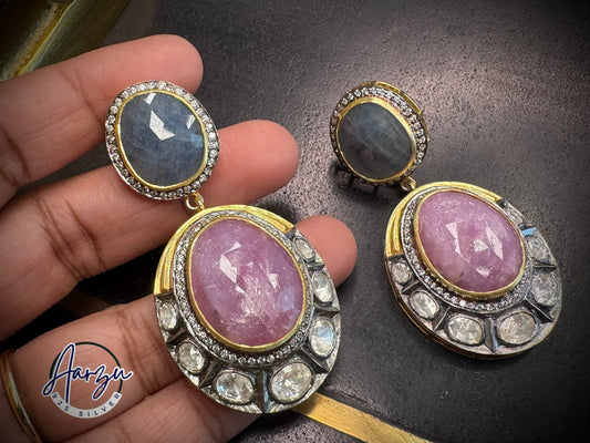 92.5 Silver designer inspired natural Sapphire and Moissanite Earrings
