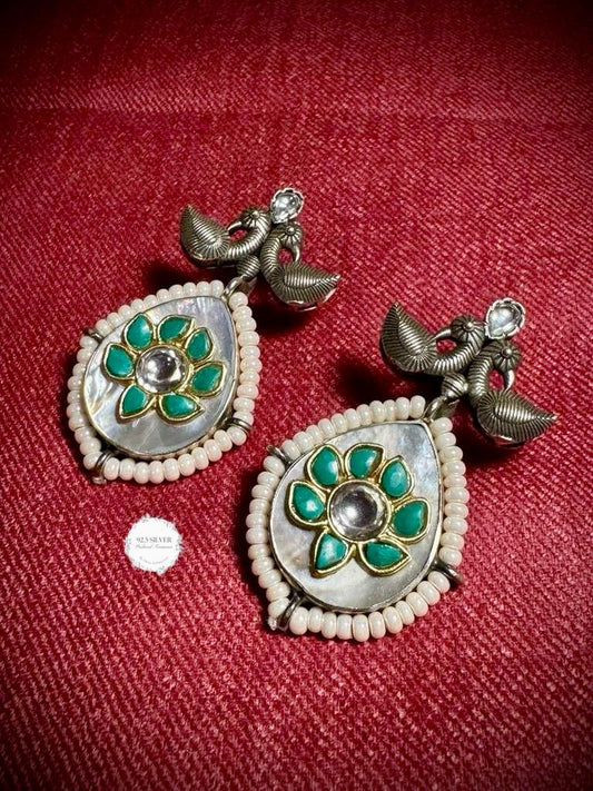 92.5 Silver MOP with Turquoise and kundan inlay earrings from preloved collection
