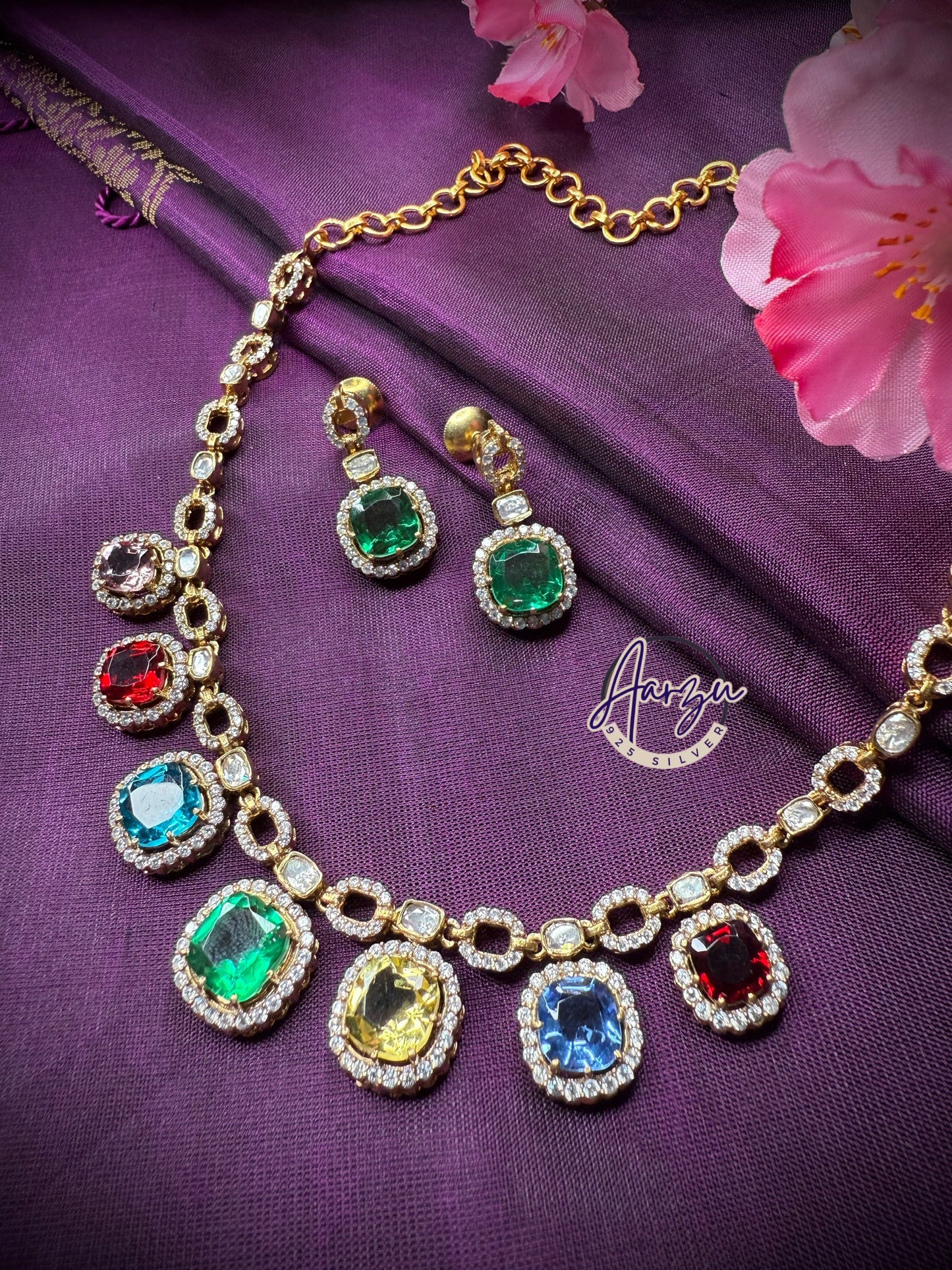 92.5 Silver Moissanite and multi stone necklace set