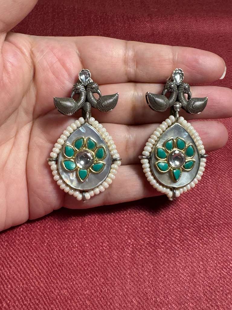 92.5 Silver MOP with Turquoise and kundan inlay earrings from preloved collection