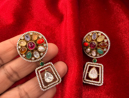 92.5 Silver Moissanite navrathan Earrings - 26 gm