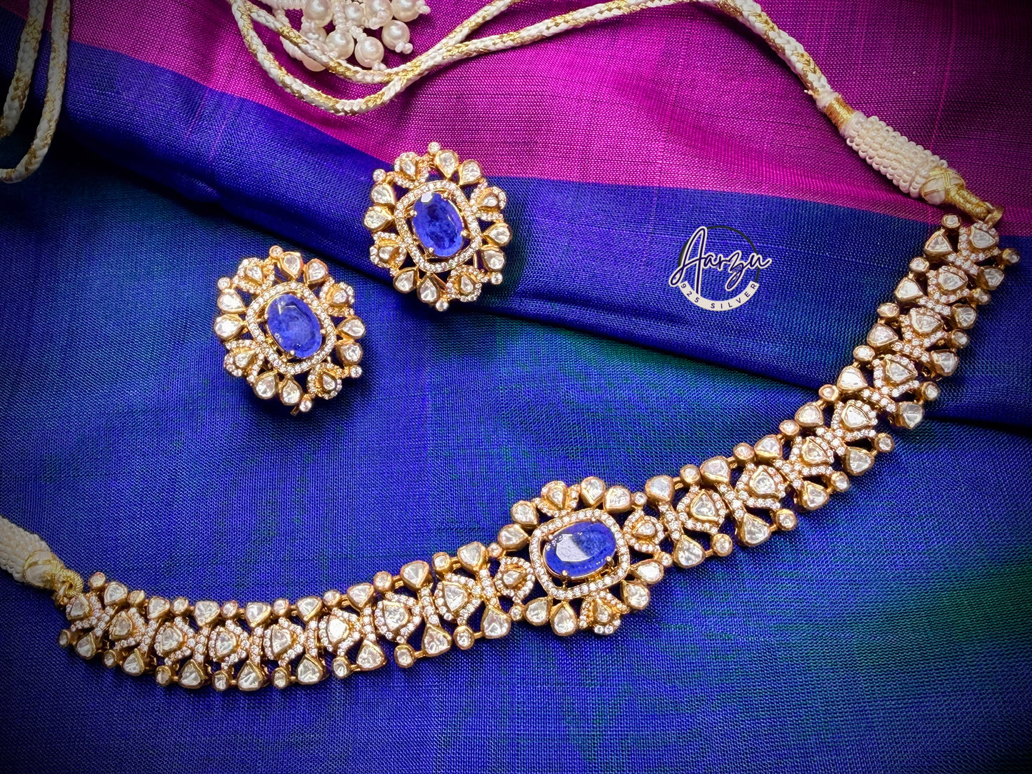92.5 Silver Moissanite and tanzanite necklace set