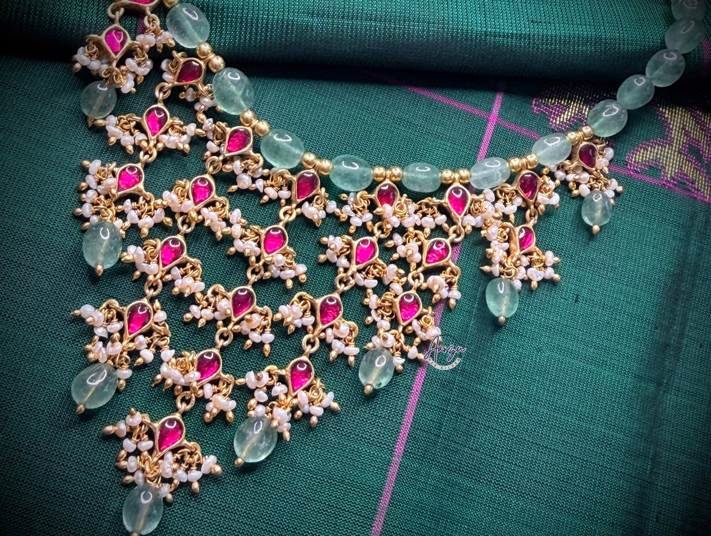 92.5 Silver precious bead and kundan necklace