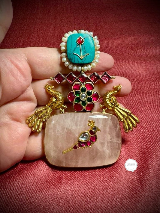 92.5 silver Rose quartz, turquoise and kundan fusion pendant from preloved collection