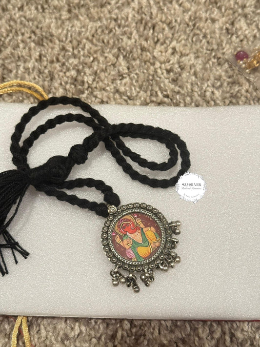 92.5 Silver black dori necklace with hand painted Ganesha pendant from preloved collection