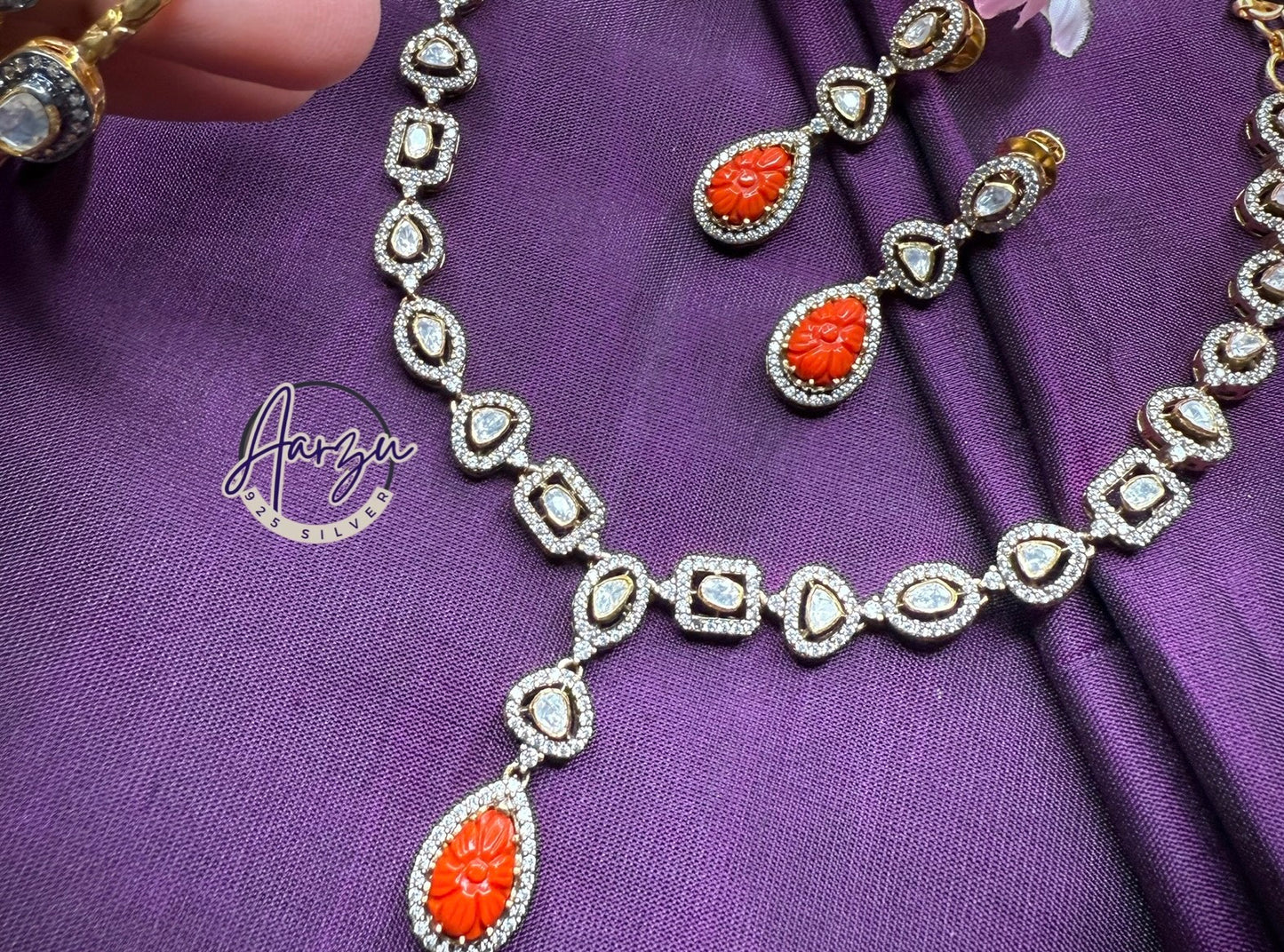 92.5 Silver Moissanite and coral necklace set