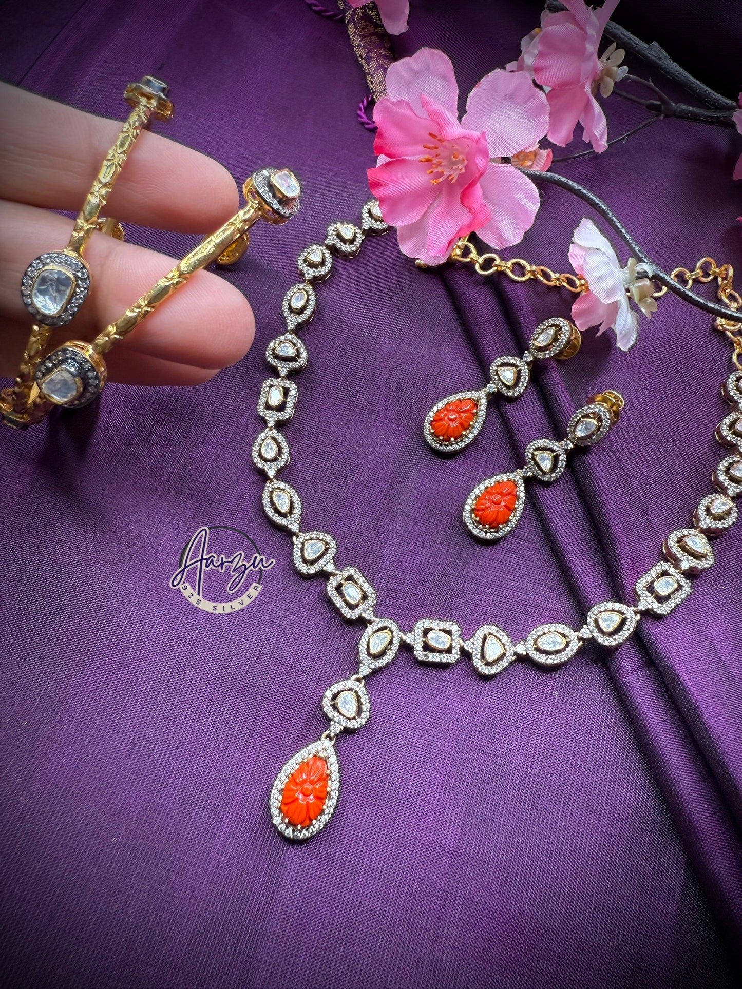 92.5 Silver Moissanite and coral necklace set