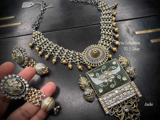 92.5 Silver fusion necklace set with precious Jade inlay