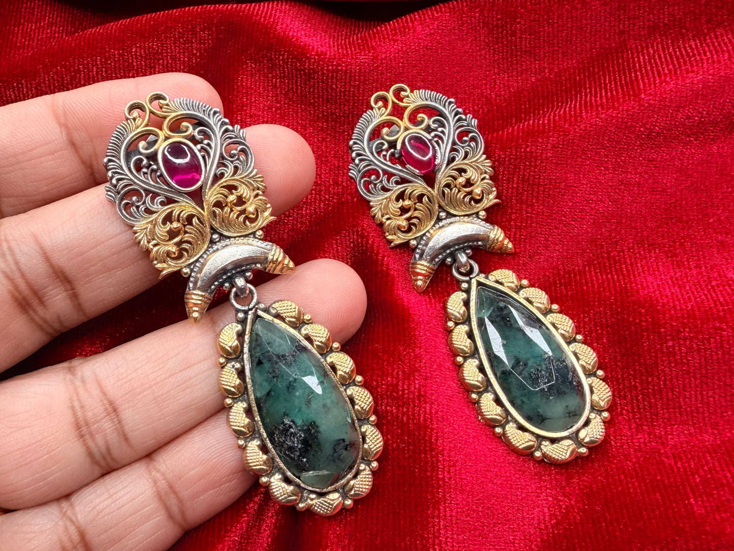 92.5 Silver dual tone Earrings with multi sapphire 23.5 gm