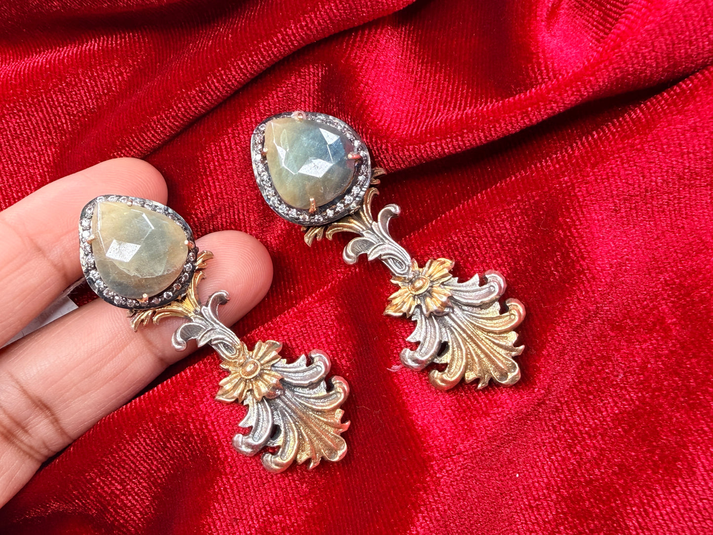 92.5 Silver dual tone sapphire earrings - 35 gm