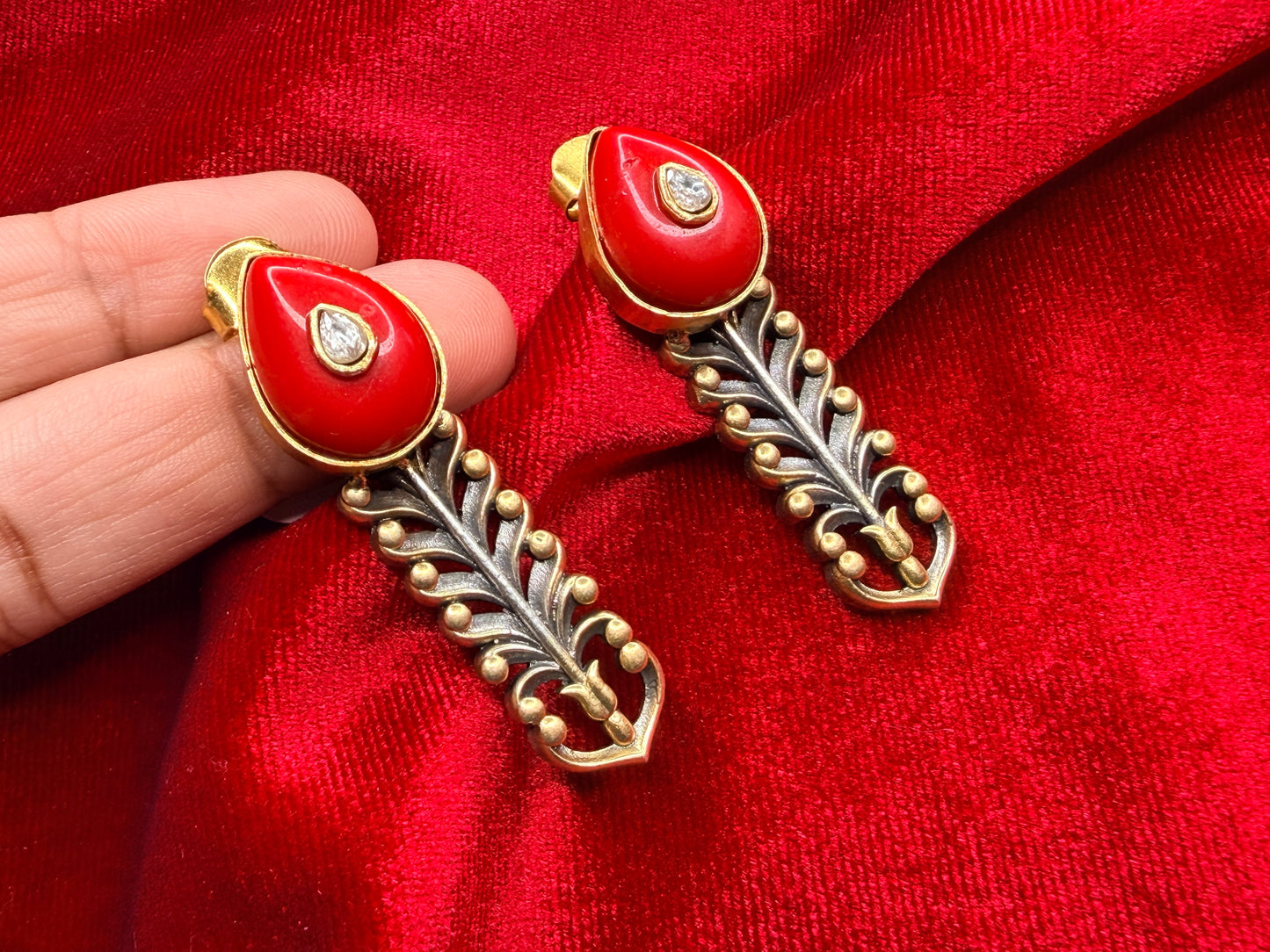 92.5 Silver dual tone earrings with coral - 18 gm