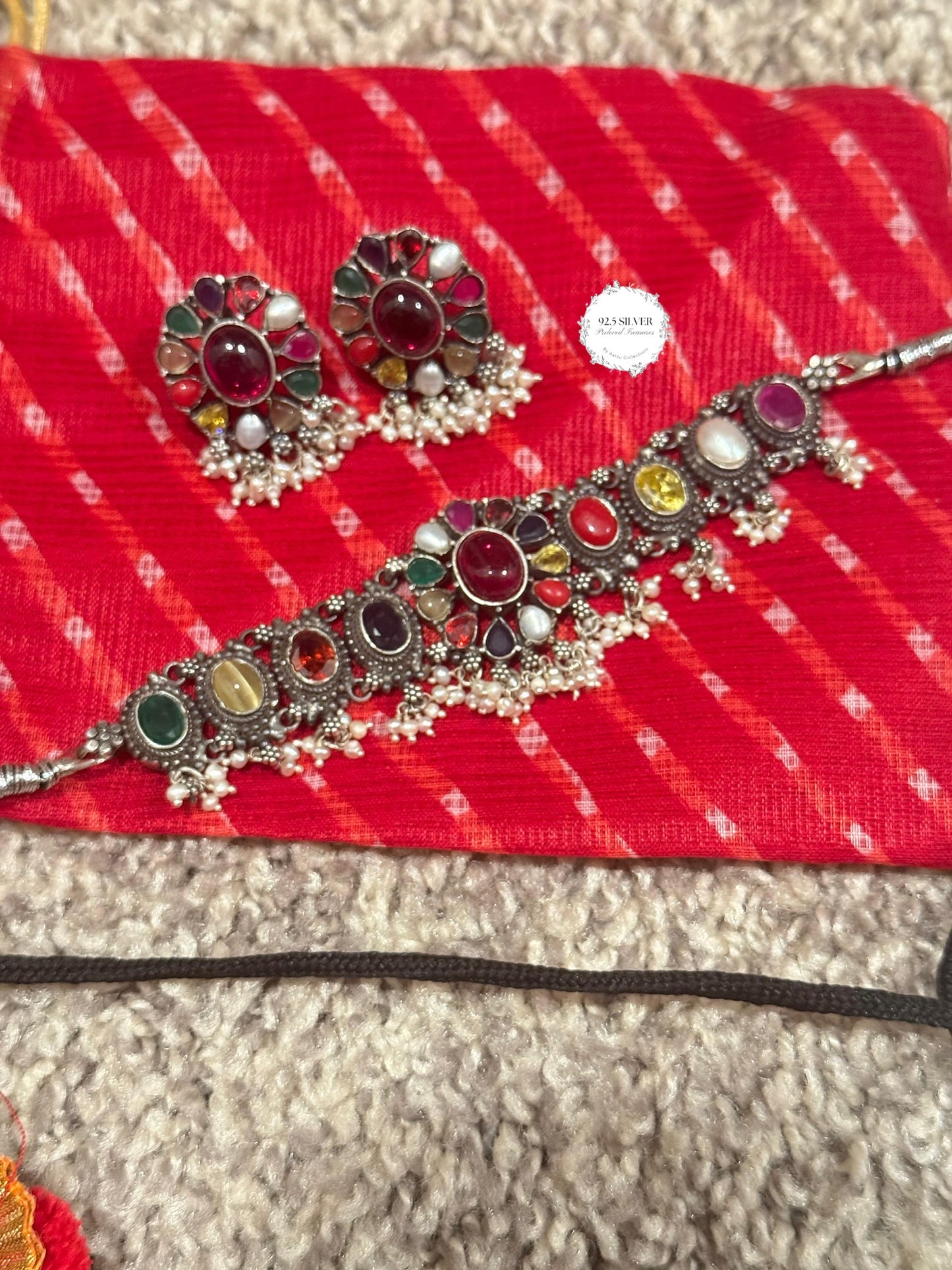 92.5 Silver Navrathan necklace set from preloved collection