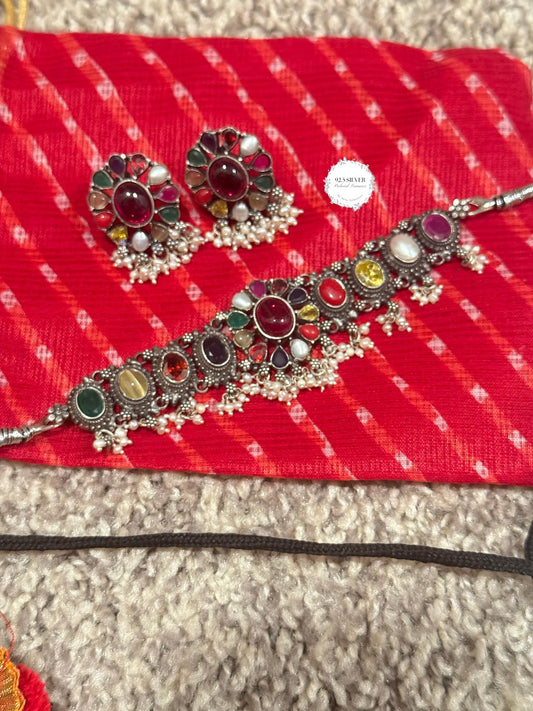 92.5 Silver Navrathan necklace set from preloved collection