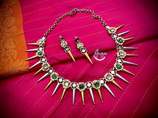 92.5 Silver base designer dual tone spike necklace with earrings